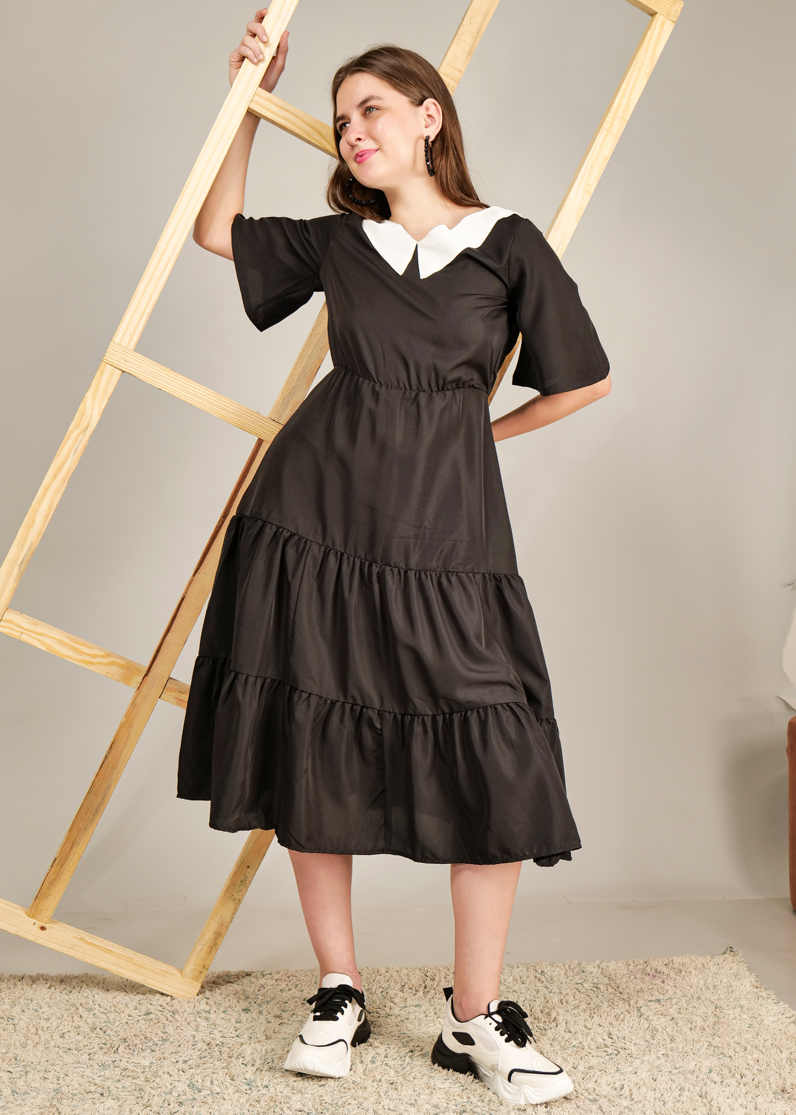 Peter Pan Collar Flared Sleeve With Midi Dress - Image 2